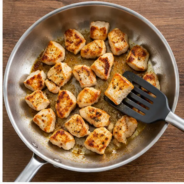 Step 2: Sear bite-size chicken pieces until golden in a wide skillet