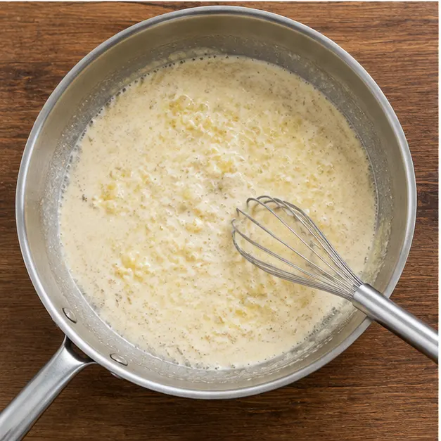Step 3: Simmer garlic with cream and broth, then whisk in Parmesan