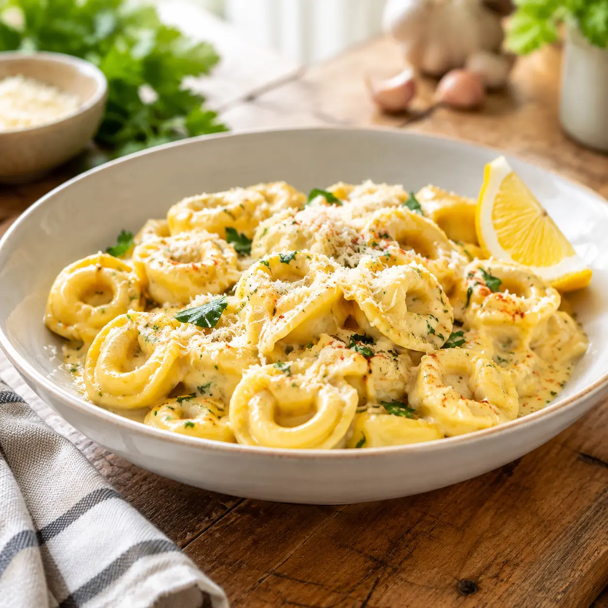 creamy garlic butter tortellini - final presentation