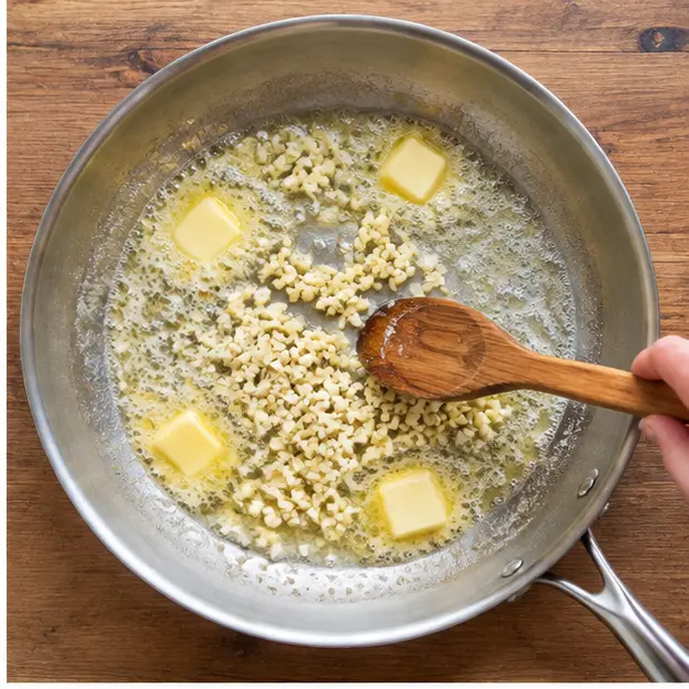 Step 2: Melting unsalted butter in a skillet and adding minced garlic until fragrant but not browned