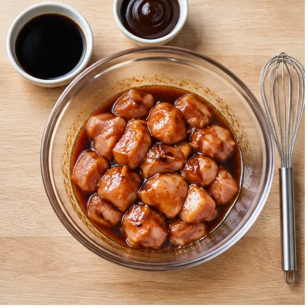 Step 1: Tossing bite-sized cubed chicken pieces in a glossy soy, sesame and hoisin marinade in a glass bowl