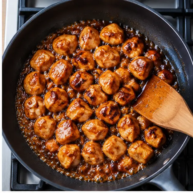 Step 2: Searing the marinated chicken cubes in a hot dark skillet until the edges brown and caramelize