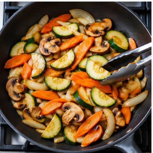 Step 3: Sauteing carrot, mushrooms, onion and zucchini in the same skillet until glossy and just tender