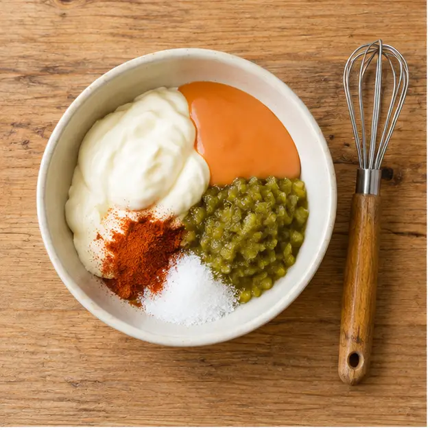 Step 1: Combine mayonnaise, creamy French dressing, sweet pickle relish, sugar, white vinegar, minced garlic, and smoked paprika in a medium bowl